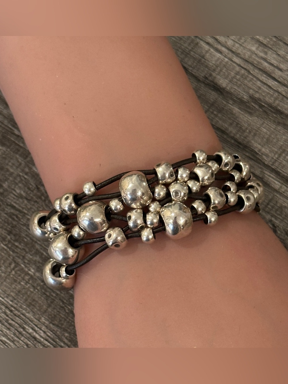 UNO de 50 Multi Strand Leather Bracelet Chunky Silver Tone Beads Statement